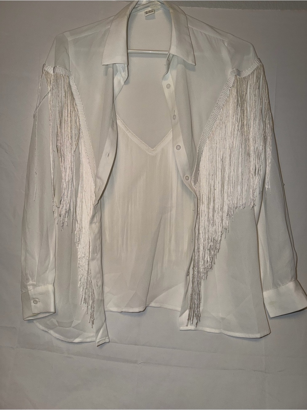 White Fringe Button-Up Shirt with Camisole